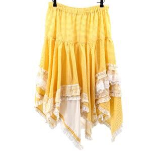 Vintage 80s Handmade Yellow Gingham Cottagecore Lace Trim Prairie Skirt